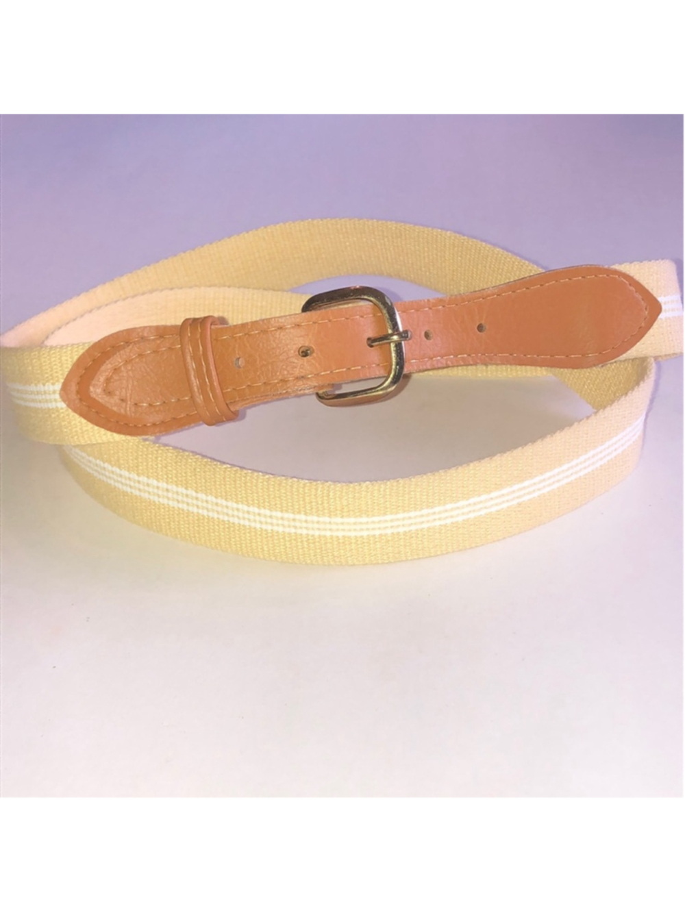 Striped Canvas Belt with Leather Trim - Yellow & White